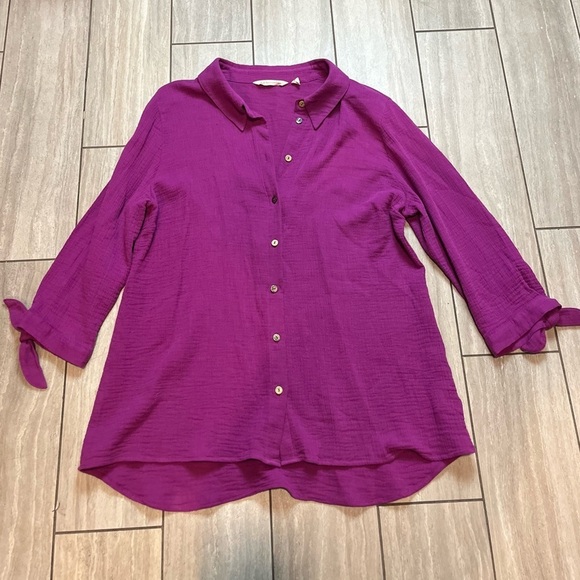Soft Surroundings Shirt Womens Extra Large Purple Button Up Gauzy Tie 3/4 Sleeve - Picture 1 of 4